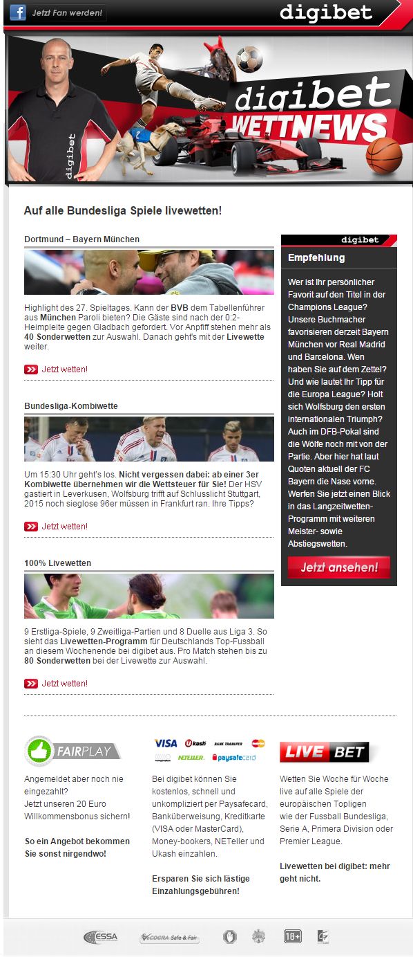 Auf alle Bundesliga Spiele livewetten! - digibet · Newsletter