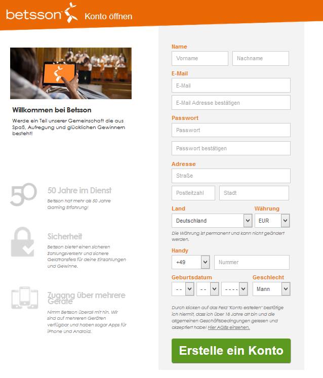 Betsson Informationen Anmeldung 1