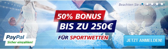 Sportingbet bietet einen Bonus von bis zu 250 Euro an. Bei einer Einzahlungsquote von 50 Prozent wäre hierfür allerdings eine Einzahlung von 500 Euro erforderlich.