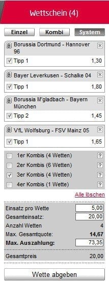 Systemwetten - Beispiel für eine Systemwette beim Sportwetten Anbieter Tipico.