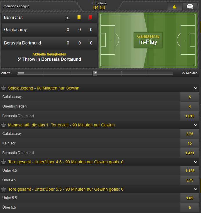 Livewetten - Auswahl der Torwetten beim Buchmacher bwin.