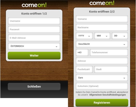 comeon app mobil Anmeldung