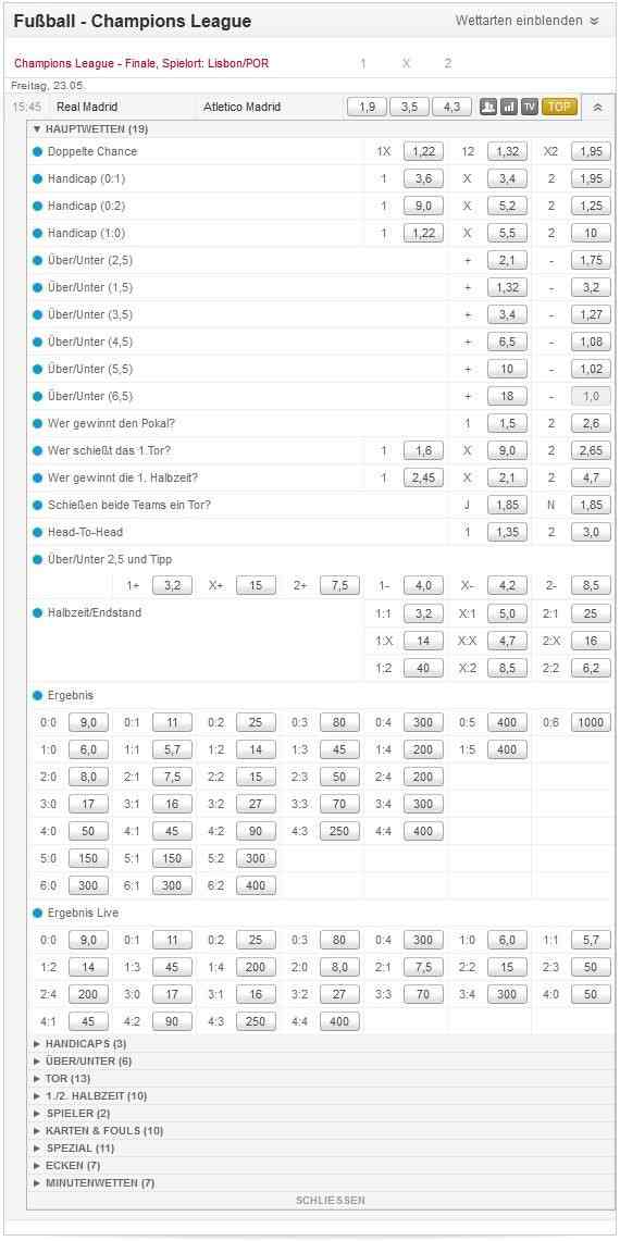 Champions League Wetten - Auswahl an Champions League Wetten bei Tipico.
