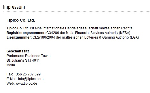 Fußballwetten - Tipico Impressum