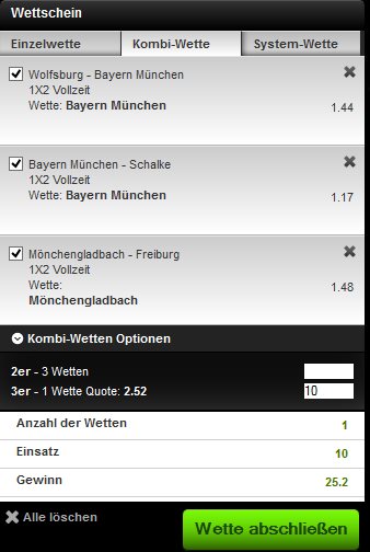 Drei Favoritenwetten reichen problemlos aus um die geforderte Mindestquote zu erfüllen.