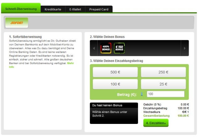Mobilbet Informationen - Einzahlung