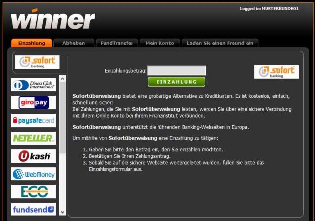 Winner Informationen - Einzahlung