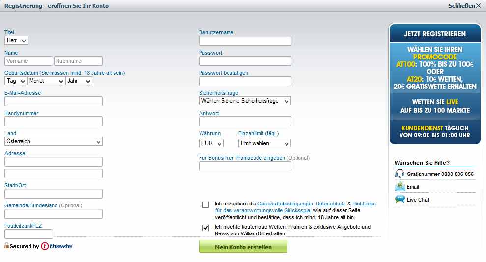 William Hill Informationen - Anmeldung