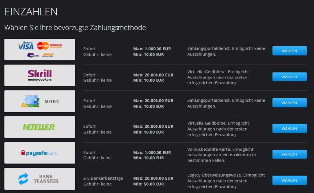 Bigbetworld Informationen - Einzahlung