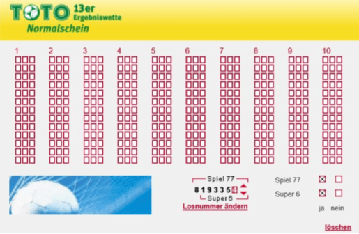 Beispiel für einen Tippschein für die 13er Wette im Internet.