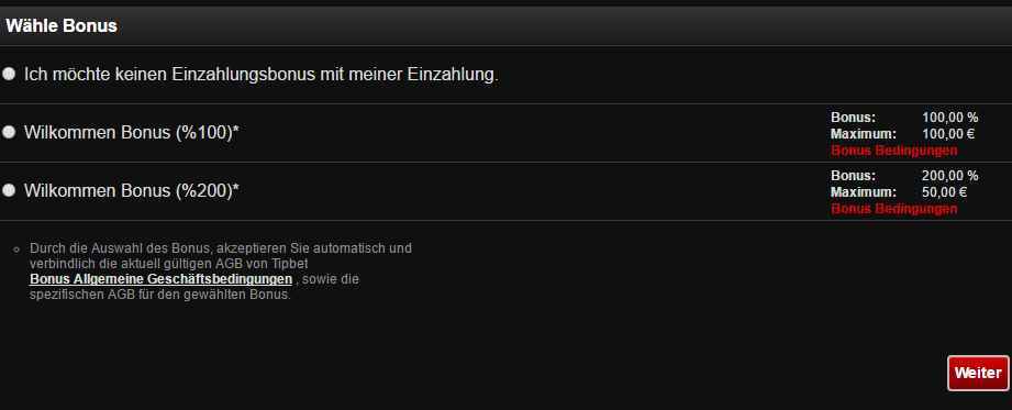 Tipbet Bonus - Auswahl