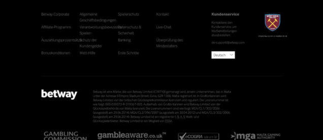 Hier finden sich die Bedingungen und die Regeln für Betway. Fast am Seitenende.