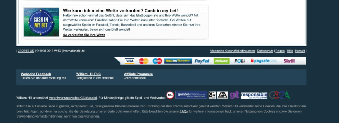 Am unteren Bildschirmrand, direkt unterhalb der weiß unterlegten Inhalte finden sich William Hill Regeln und Bedingungen verlinkt.
