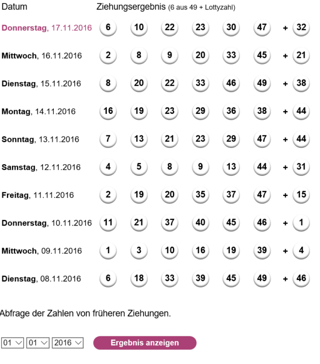 Die letzten Ziehungsergebnisse. Wer weiter zurück möchte muss nur ein Datum angeben.
