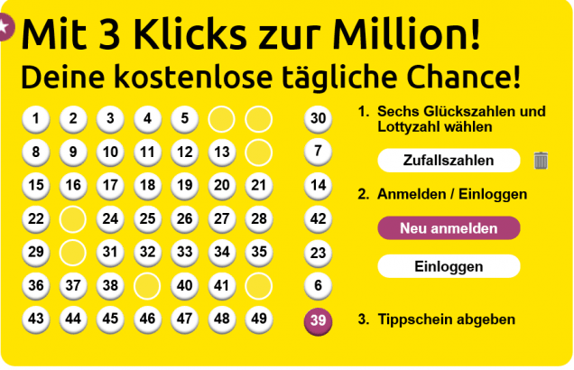 Lotty funktioniert original wie Lotto 6 aus 49. Man beachte die farblich abgehobene "Superzahl", die als letzte getippt werden muss.